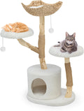 41“ Solid Wood Cat Tree Tower, Modern Cat Tree Aesthetic Multi-Level Flower Perches, Scratching Post, Luxury Boho Cat Furniture Condo & Wicker Basket for Indoor Cats