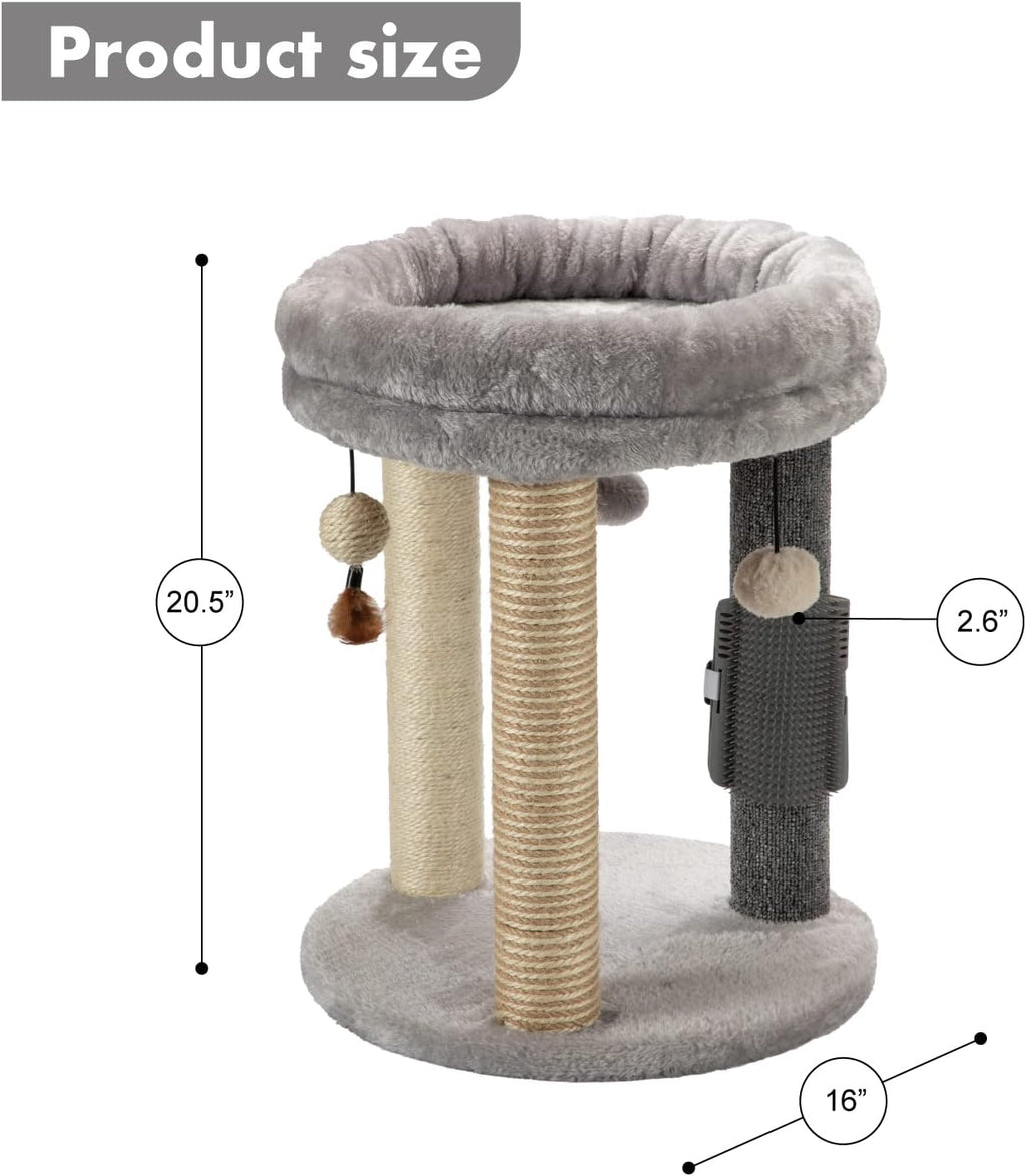 MECOOL 4in1 Small Cat Tree,Scratching Post with Tower Soft Bed, Sisal Carpet Jute Posts with Three Hanging Ball Toys and Massage Brush for Indoor Cats and Kittens