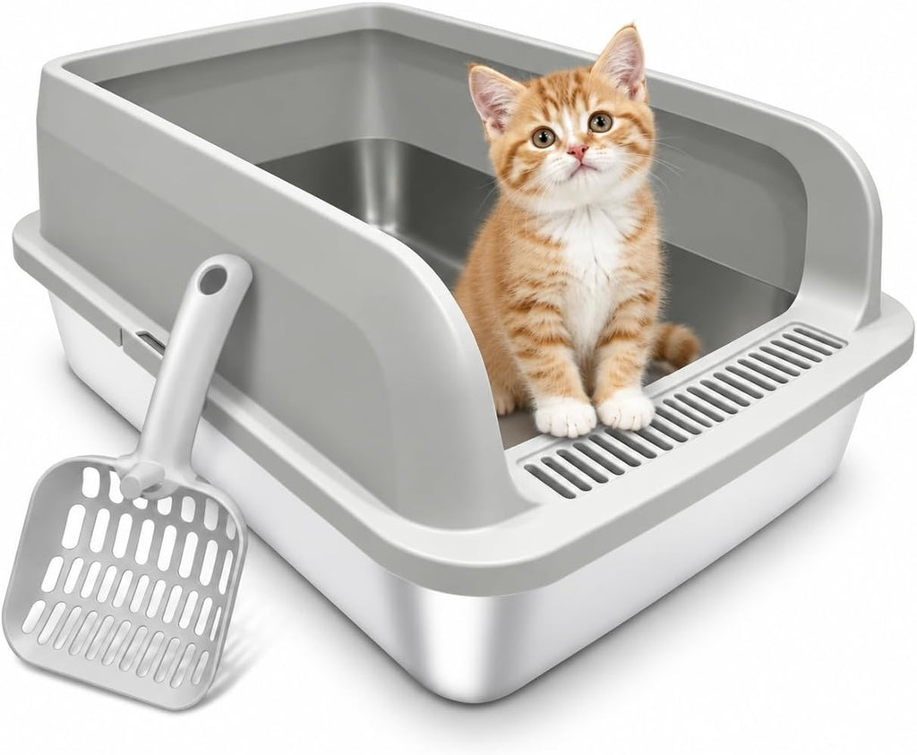 Stainless Steel Litter Box - Covered Litter Box with Lid, Litter Scoop 1PCS & Anti-Skid Stickers, High Walls Odor Free Non-Stick Low Entry Easy Clean for Kitten Multi-Cat Indoor Home Silver