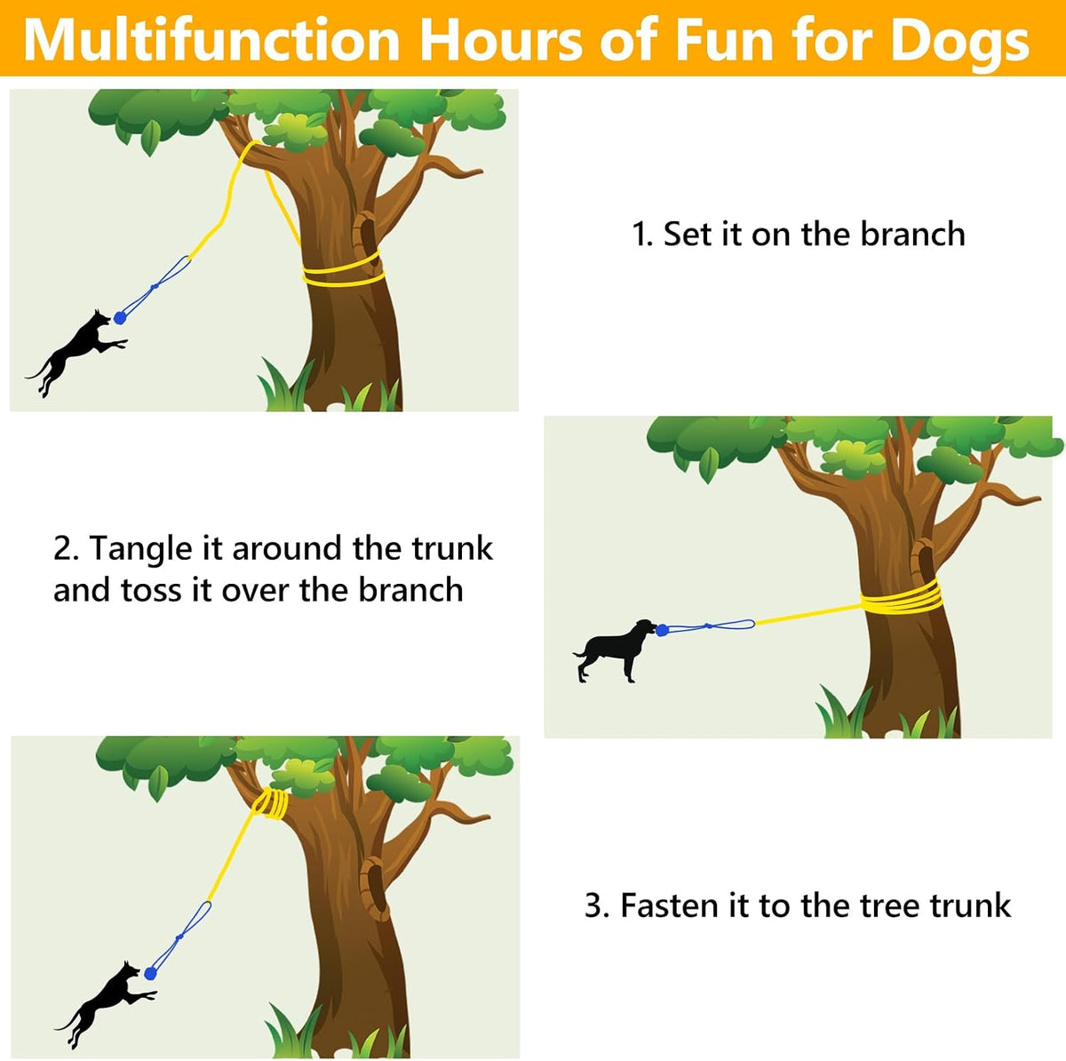 XiaZ Tug of War Dog Toy, Interactive Dogs Toy Bungee Hanging Tether with 2 Chew Rope Toys, Heavy Duty Puppy Outdoor Activity Aggressive Chewers Best Small to Large Boredom Exercise and Play (Yellow)