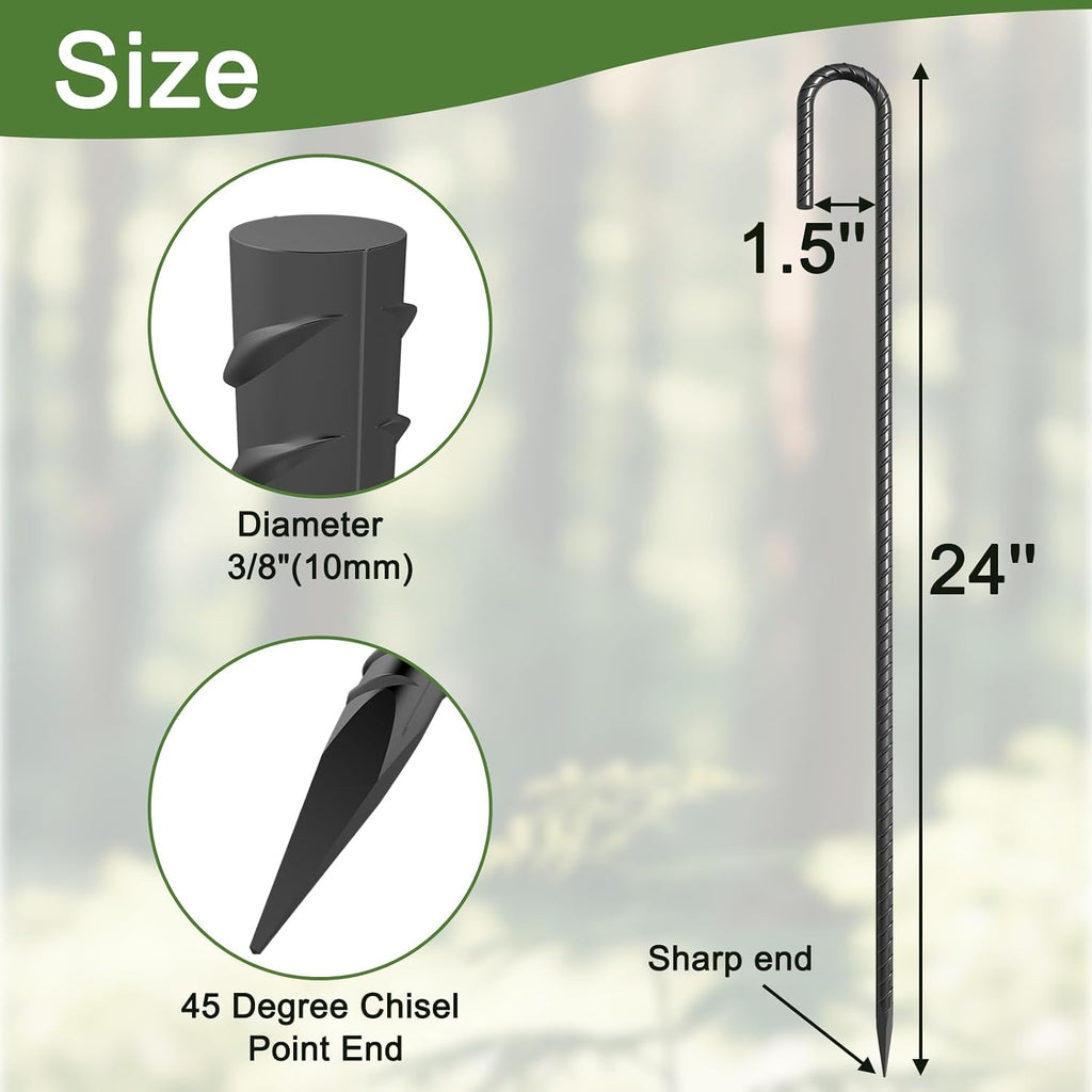 24 Inch J Hook Rebar Stakes, Extra Heavy Duty Ground Stakes 8 Pcs