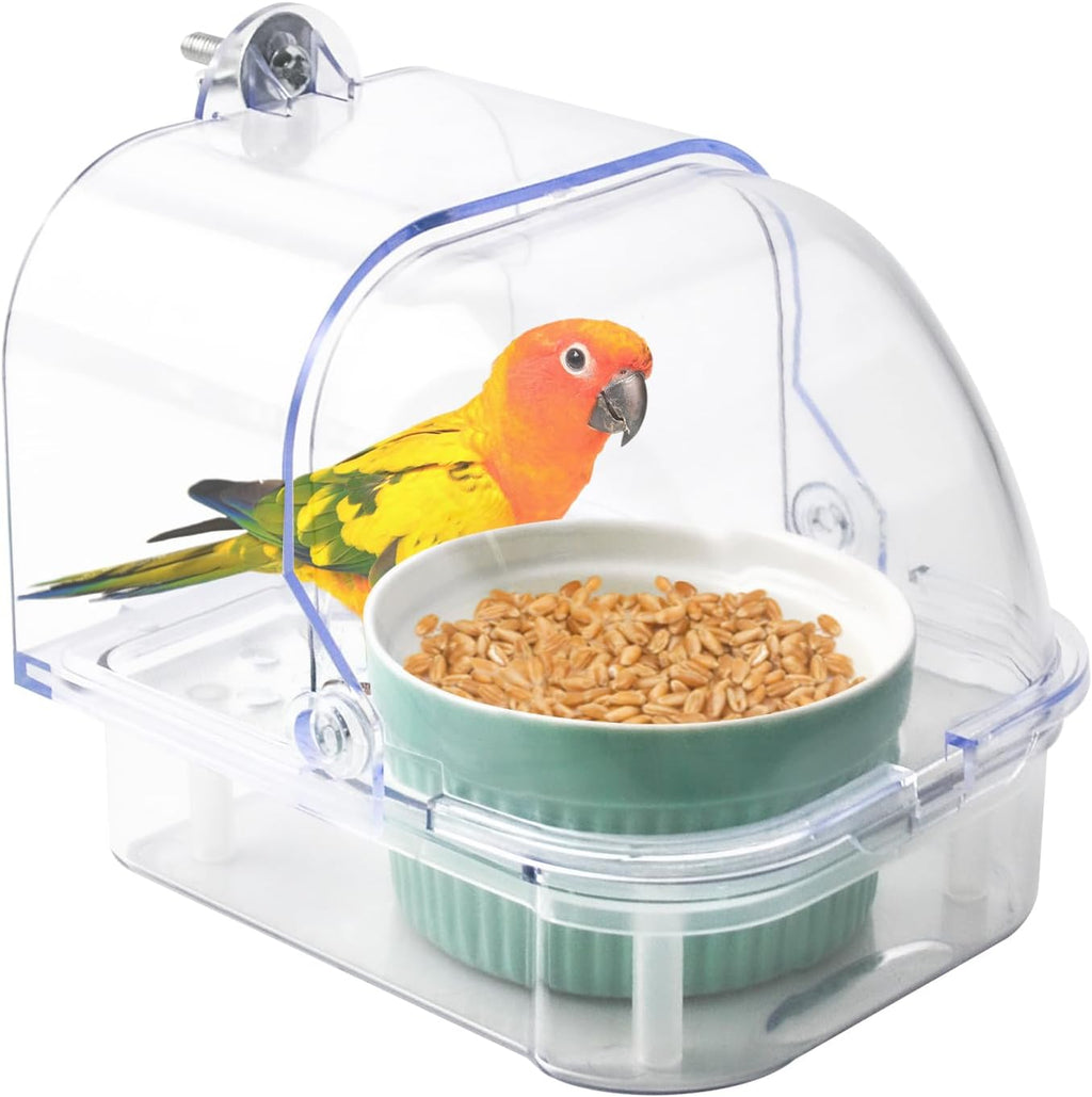 2 in 1 No Mess Bird Feeder,Bird Cage Feeder with Ceramic Bowl and Parrot Bathtub with Bottom Drawer Hanging Tube Shower Box for Birds Budgies Parakeet Small Parrot Cockatiels(Blue)