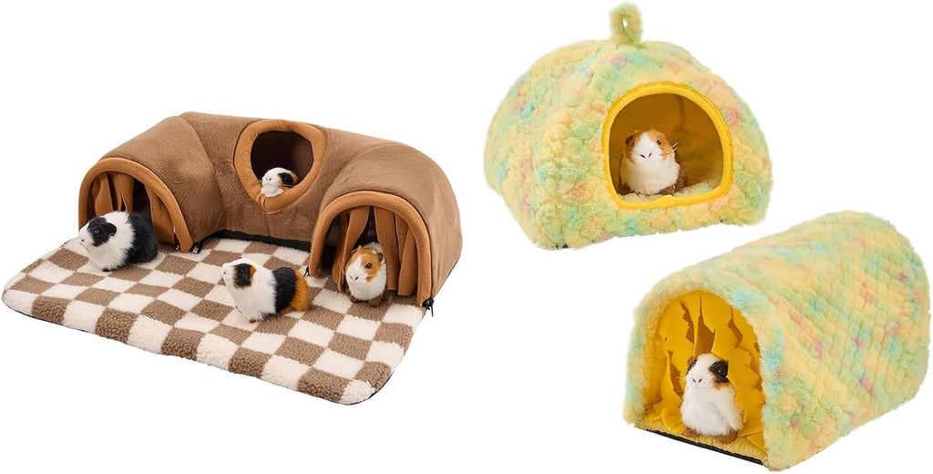 Avont Guinea Pig Tunnel Hideout House Bundle with 2 Pack Guinea Pig Hideout Bed and Tunnel Toys Set with Curtain