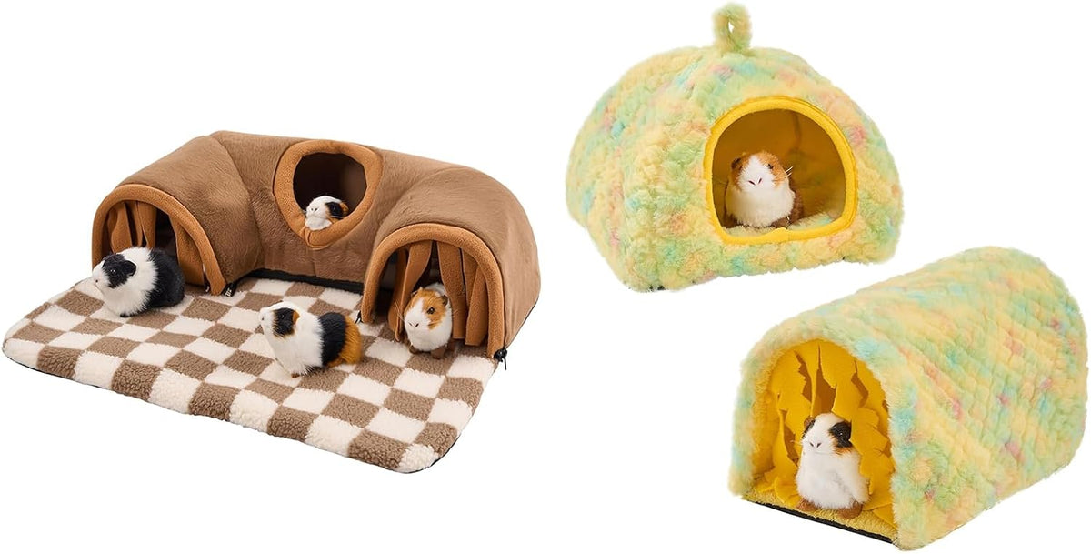 Avont Guinea Pig Tunnel Hideout House Bundle with 2 Pack Guinea Pig Hideout Bed and Tunnel Toys Set with Curtain