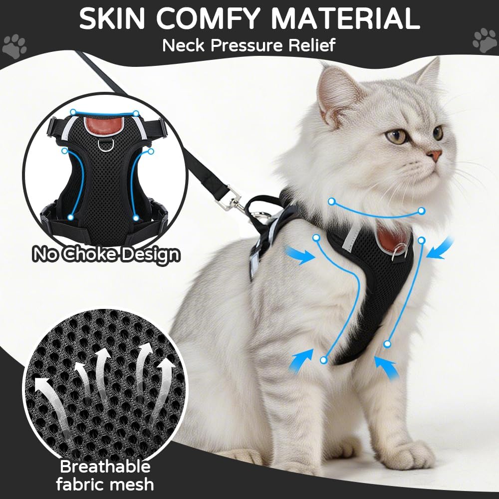 Cat Harness and Leash Set with Holder Compatible with AirTag, Upgraded Escape Proof Adjustable Vest Lead for Large Cat Small Dog Walking, Soft Breathable Mesh Jacket with Reflective Strips, Black, L