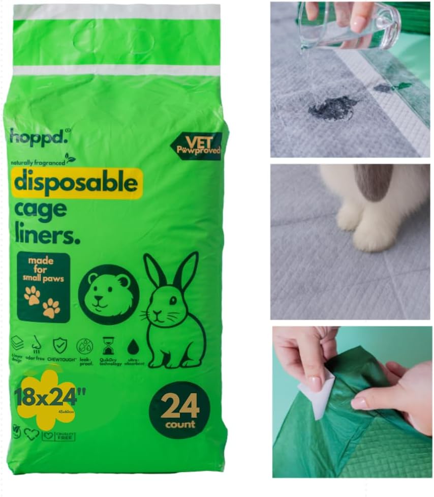 Hopp'd™ Disposable Cage Liners for Guinea Pigs, Rabbits, Ferrets & Small Pets - Ultra Absorbent Bunny Pee Pads with Bamboo Odor Control; Guinea Pig Bedding (18" x 24" Small Essential) | 24 Count