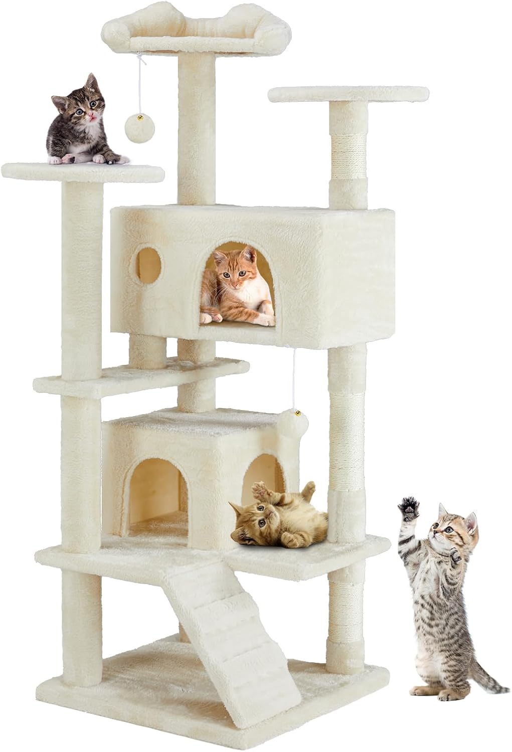Hexago 54 Inch Cat Tree Tower for Indoor Cats, Multi-Level Cat Condo with Scratching Posts, Climbing Ladder, Plush Hammock, and Toy Ball, Stable Cat Play House Furniture, Beige