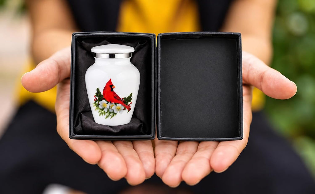 BOLD & DIVINE Small Beautiful Red Cardinal Keepsake Urns |for Human Ashes | Mini Urns Qty 1 with Velvet Bag & Funnel