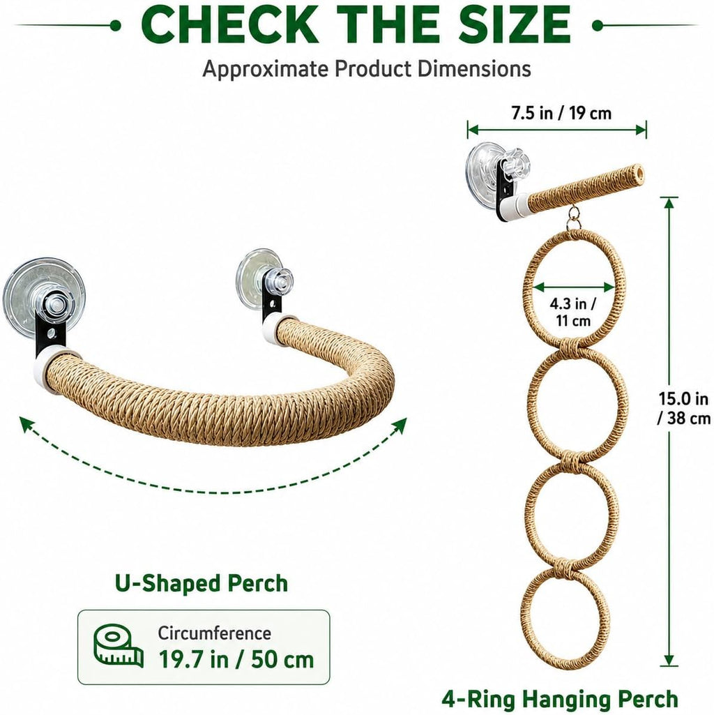 Bird Window Perch with Climbing Rings and Suction Cups for Parrots