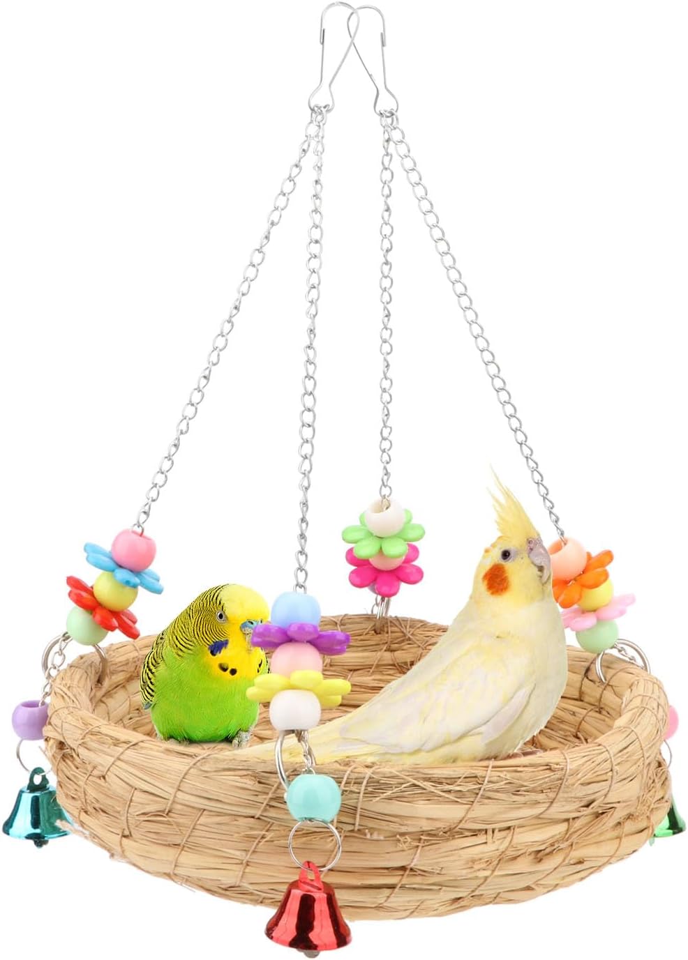 Hypeety Natural Handwoven Straw Bird Nest Bed Bird Swing Toy with Bells