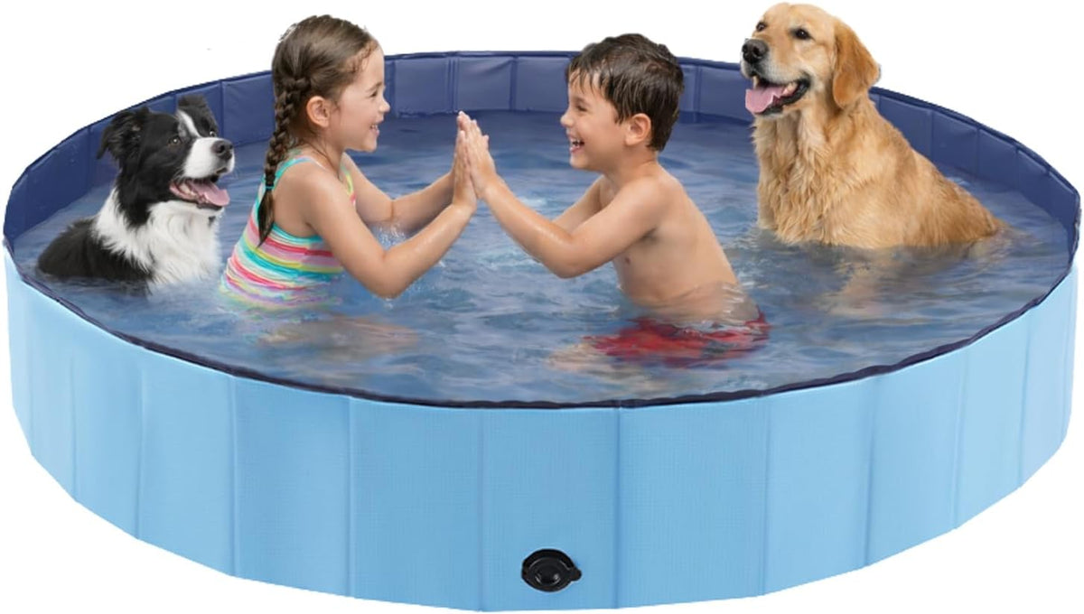 Eooqi Foldable Dog Pool for Large Dogs & Kids, 71" Hard-Side Collapsible Kiddie Pool, Heavy Duty Leakproof PVC Pet Swimming Pool with Non-Slip Bottom & Drain, Indoor Outdoor Use, Blue