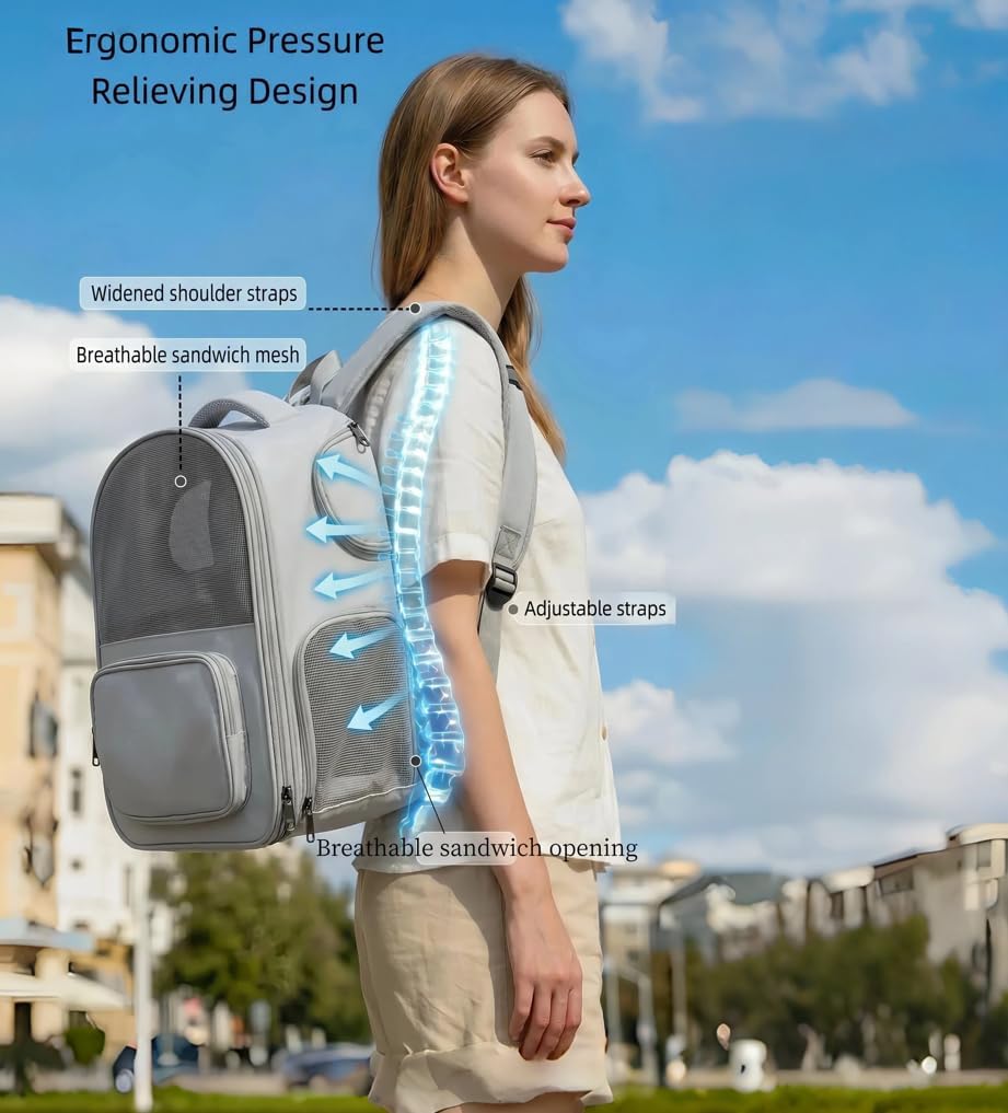 Expandable Cat Backpack Carrier with Interactive Side Petting Openings
