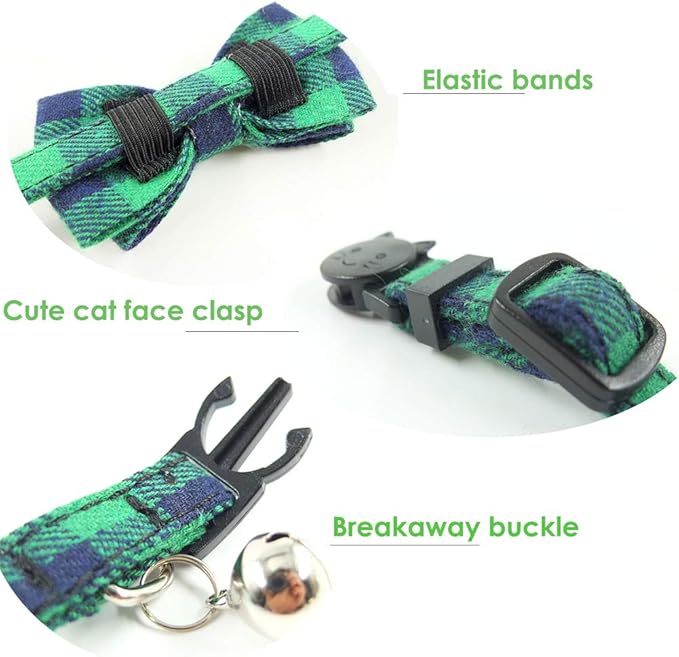 Cat Collar Breakaway with Bell and Bow Tie, Plaid Design Adjustable Safety - Image 3