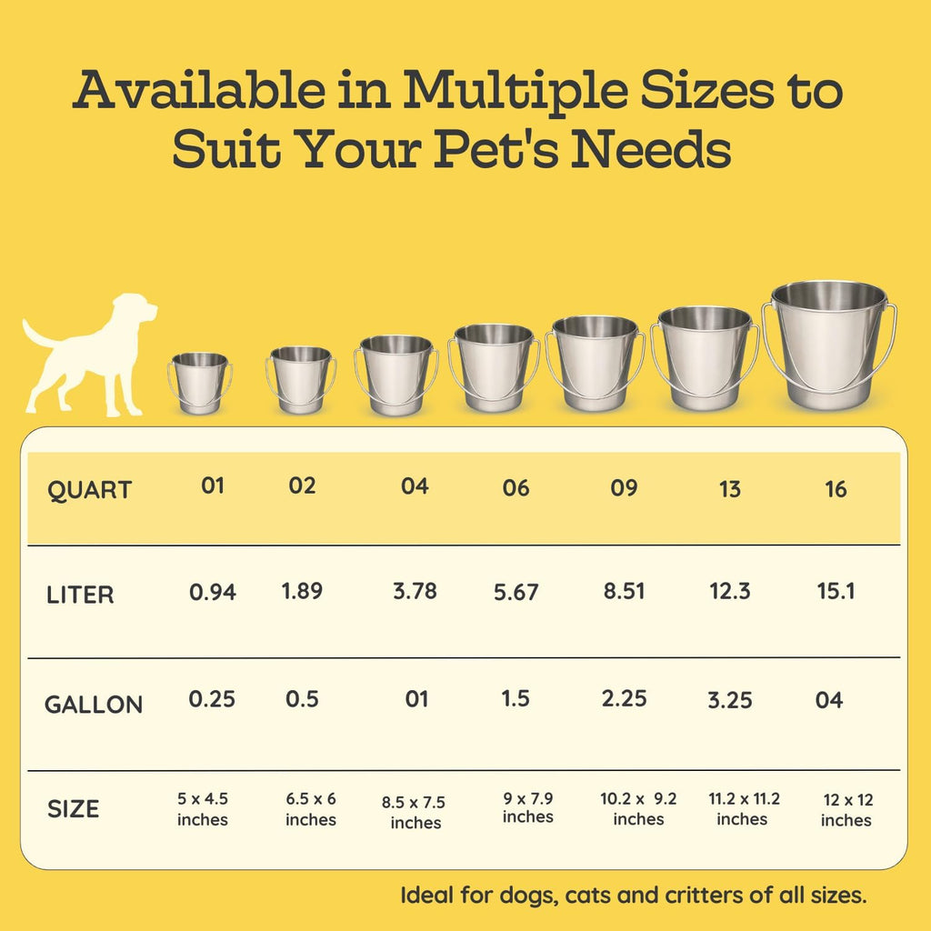 4 quart Heavy Duty Stainless Steel Round Bucket with Handle | 1 gal Durable Food & Water Bowl for Birds Dogs Cats Goat & Livestock | Fits kennel Crate Cage Farm | Hanging Utility Pet Pail