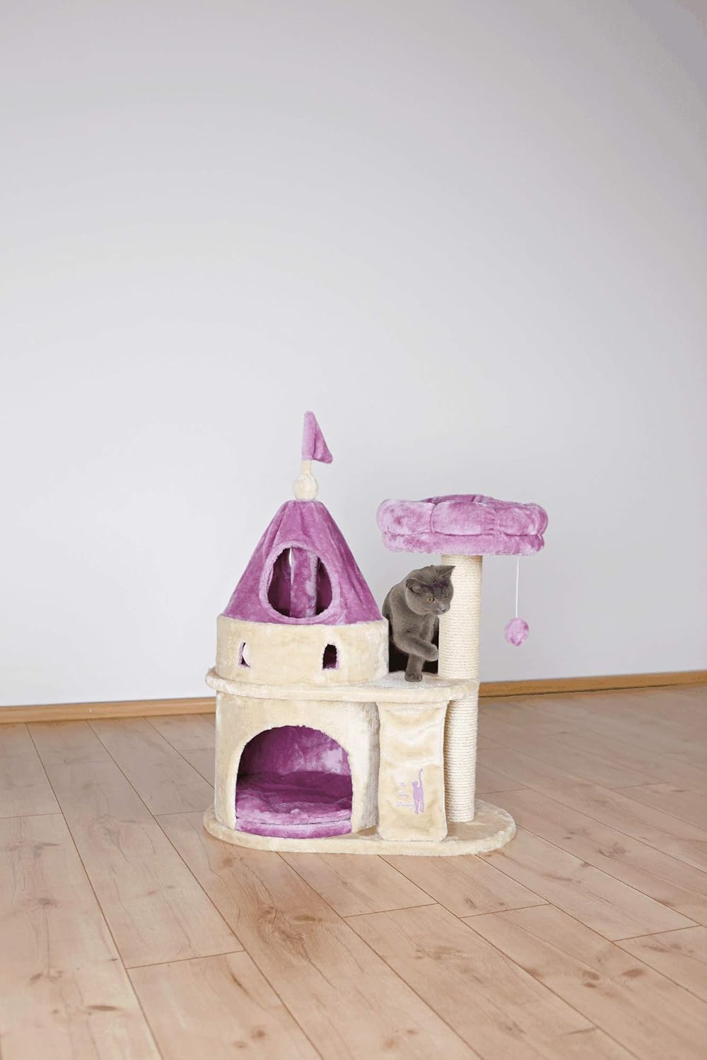 TRIXIE My Kitty Darling Castle Condo, Scratching Post, Cat Tree, Pom Pom, Crinkle Toy | Beige 27.5 x 14.75 x 35.25 in.