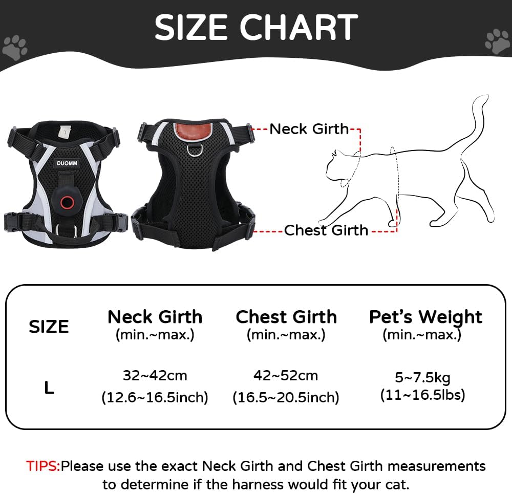 Cat Harness and Leash Set with Holder Compatible with AirTag, Upgraded Escape Proof Adjustable Vest Lead for Large Cat Small Dog Walking, Soft Breathable Mesh Jacket with Reflective Strips, Black, L