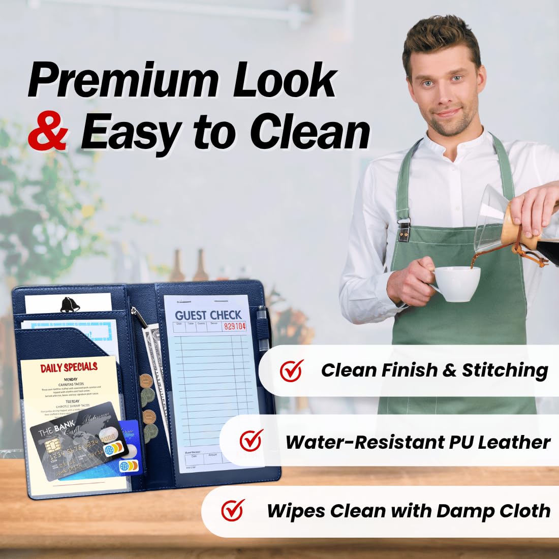 LINTRU 5x8 Server Book, 8 Pocket Zipper Organizer, Fits Apron, Classic Blue