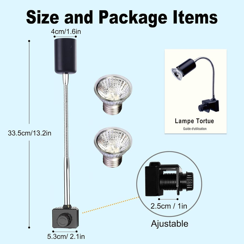 Reptile Heat Lamp, UVA UVB Light for Aquarium Turtle Tank, with 2 * 50w Basking Bulb and 360° Swivel Clamp Stand for Tortoise, Snake, Frog, Lizard, Cockatoo, Chameleon. Halogen, Yellow Light