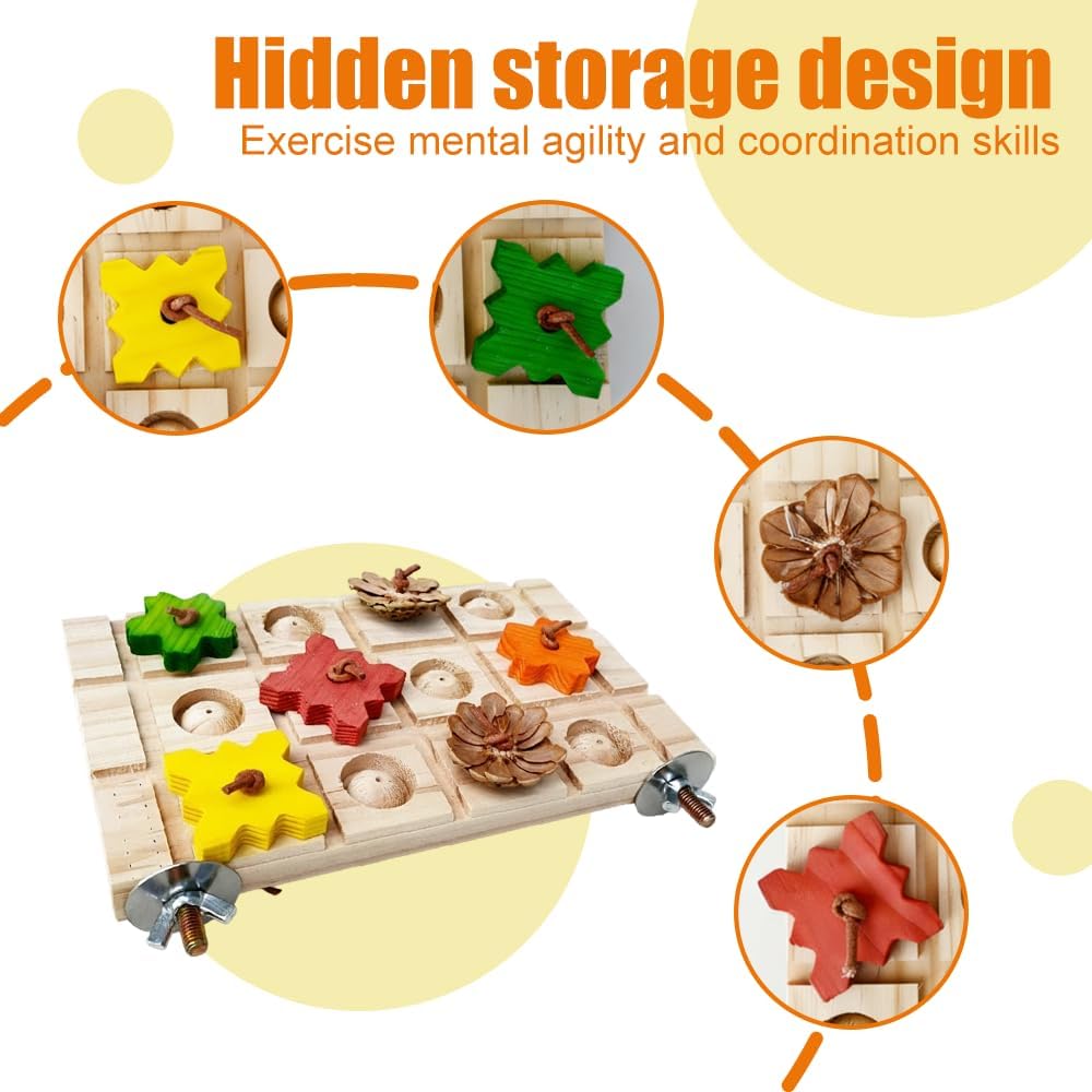 Bird Foraging Puzzle, Wooden Parrot Grinding Platform with Pine Cones, Interactive Birds Enrichment Puzzle for Small-Medium Parrots & Small Animals