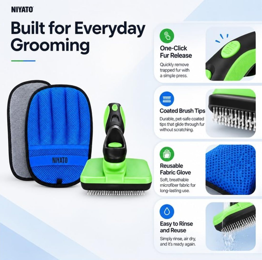 2 Piece Set- Pet self Cleaning Slicker Brush for Dogs and Cats, and Upgraded electrostatic, Washable pet Hair Removal Glove for Clothes and Furniture, pet Grooming Supplies for Shedding Problems