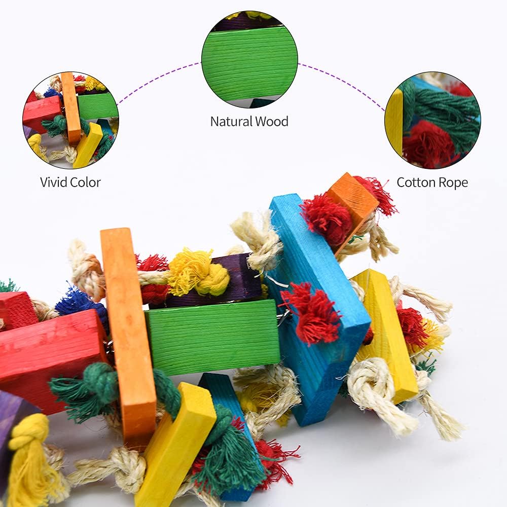 RUBY.Q 20in Large Parrot Toy, Multicolored Natural Wooden Bird Chewing Toys