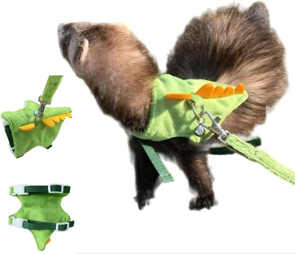 Adjustable Dinosaur Plush Harness & Leash Set, Soft No?Restriction Vest with Safety Bell, Escape?Proof Walking Leash for Ferret, Guinea Pig, Rabbit, Kitten, Puppy (Dinosaur-Green)