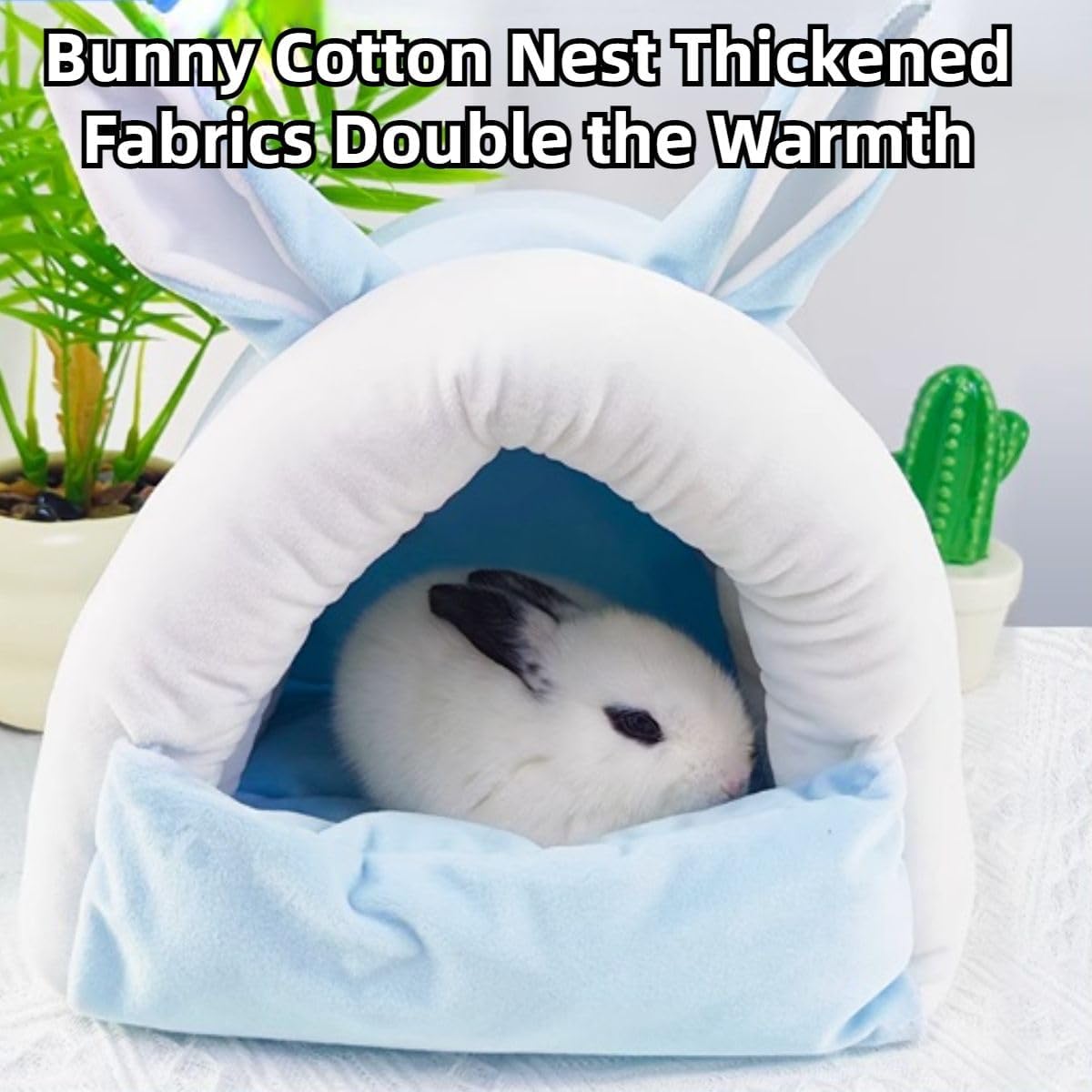 Adorable Bunny Bed Guinea Pig Hideout Warm Rabbit House Soft Cave Tent Washable Small Animal Nest (Blue)