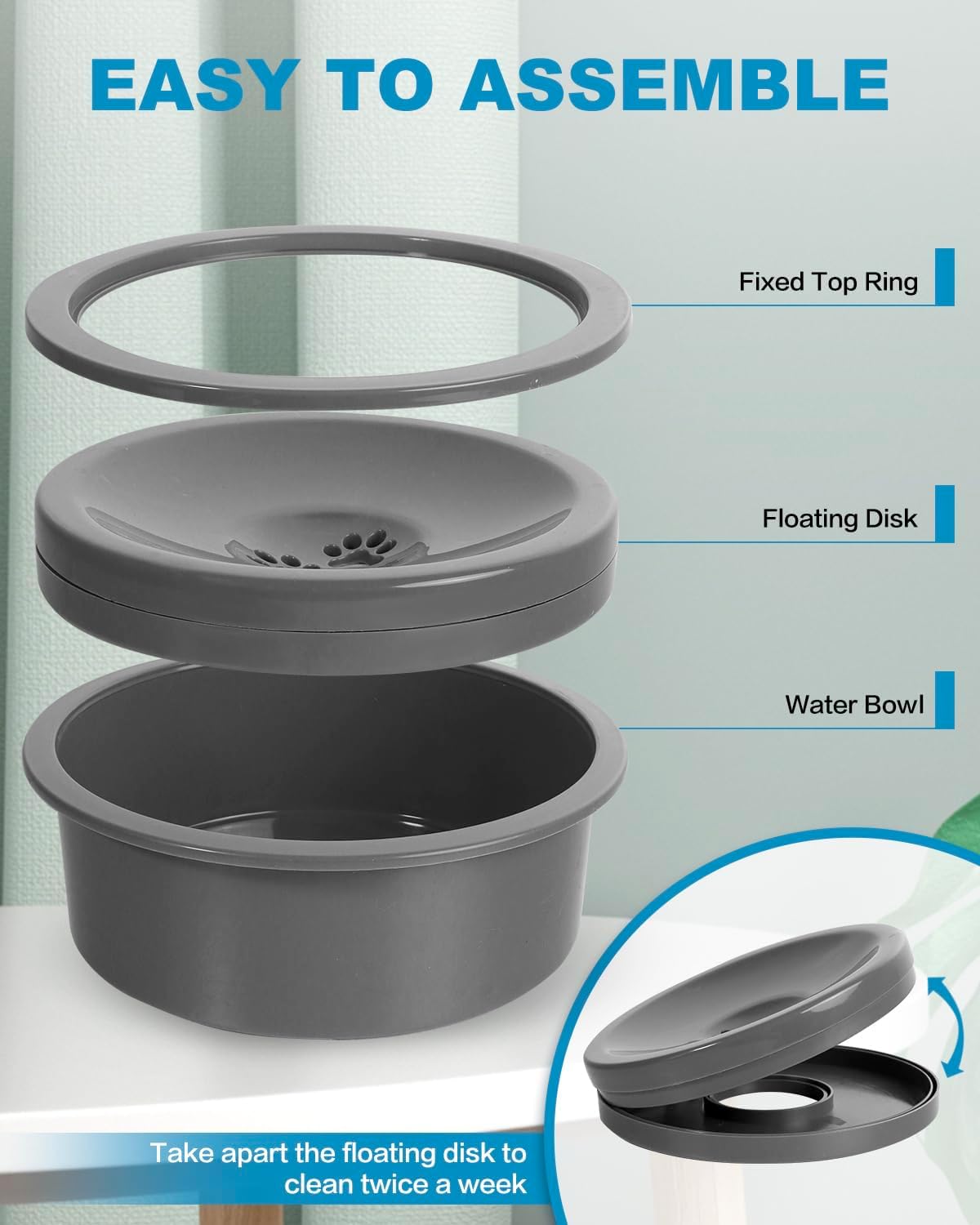No Spill Dog Water Bowl, Slow Drinking Non Spilling Water Dish, Fits into Elevated Pet Feeder, 30oz Messy Drip Proof Slobber Stopper Water Dispenser for Dogs