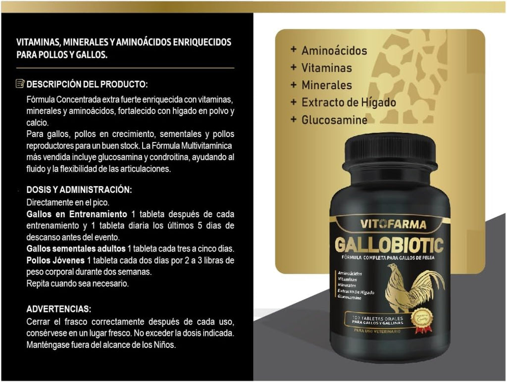 Gallobiotic Natural Multivitamin for Rooster, Hens - 100 Tablets | Vitamina Completas para Gallos