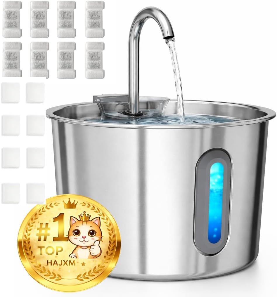 Cat Water Fountain, 74oz/2.2L Cat Fountain for Drinking - Pet Water Fountain Stainless Steel for Cats Inside - Quiet Water Bowl Dispenser - Kitty Drinking Fountains - 8 Filters + 8 Sponges