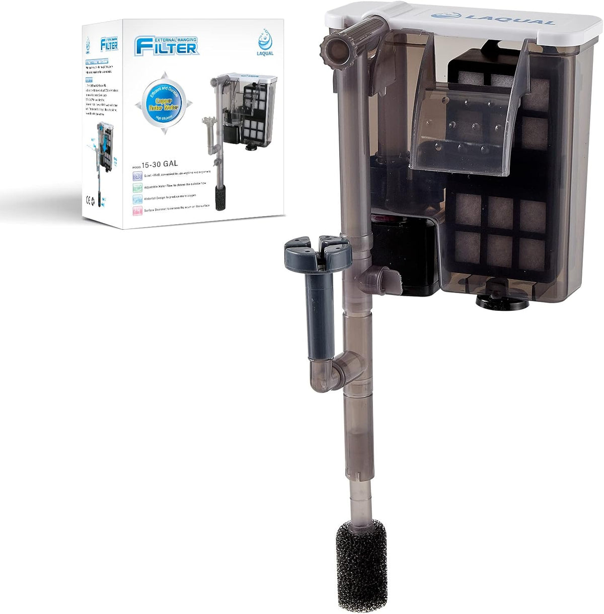 Aquarium Filter with Surface Skimmer, 15-30 Gallon Small Fish Tank Filter, Full Contact & 3 Layer Filtration, Quiet & Efficient, Waterfall Design for Increasing Oxygen, Hang on Back Filter