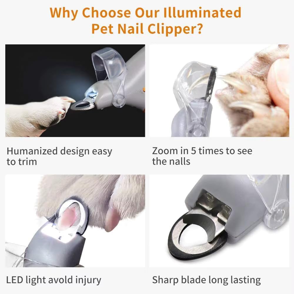 Electronic Pet Cat Nail Cut with LED Lighting Trimming Cats Dogs Nails Claws 5X Magnification Doubles Nail Trapper Safety