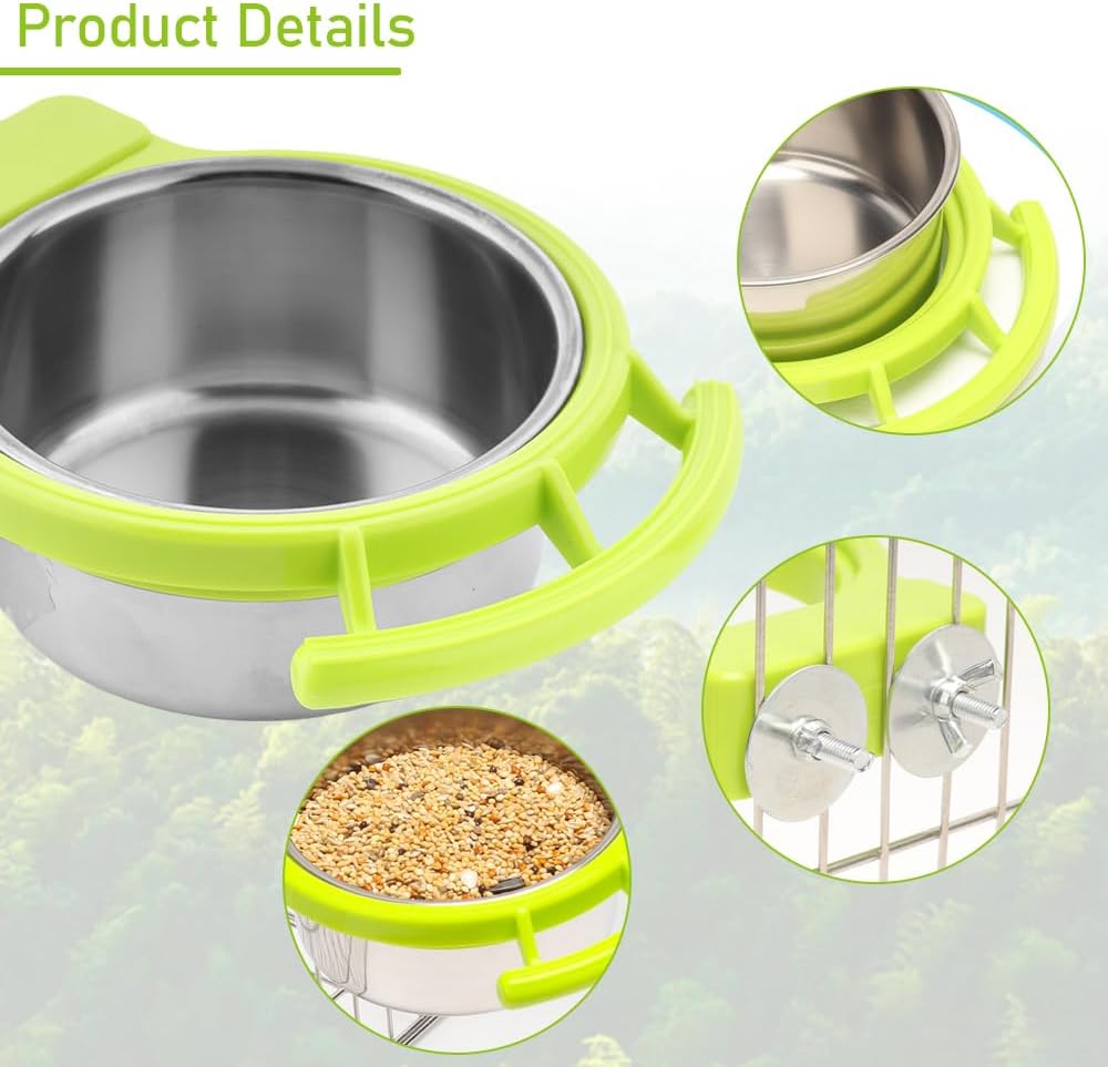 2 Pack Bird Detachable Bowl Stainless Steel Feeder Feeding Dish Water Cup Perch Stand with 2 Pcs Spoon for Bird Parrot Canary Finch Parakeet Budgie Cockatiel Lovebird