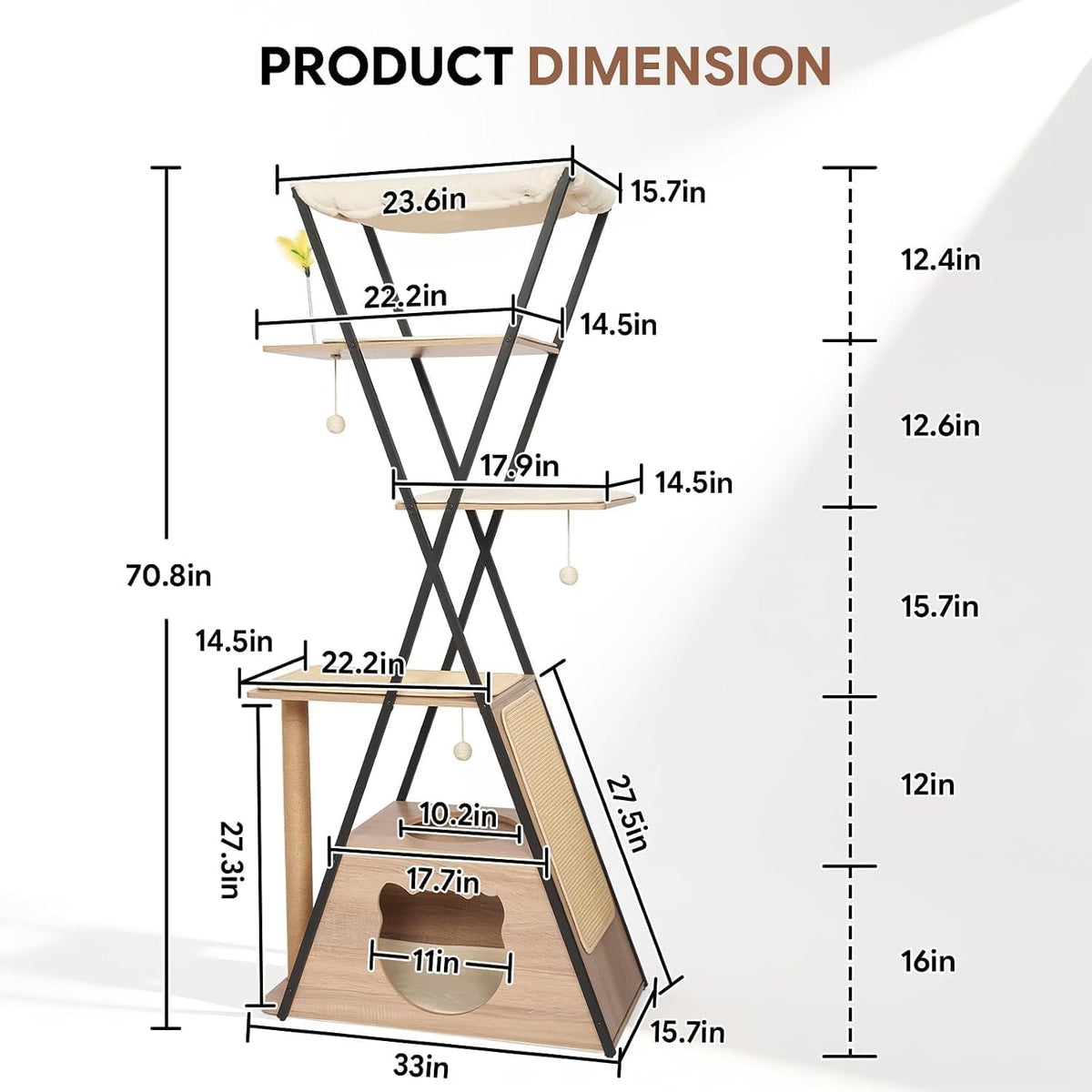71" Modern Wood Cat Tree for Large Cats - Heavy Duty Tall Cat Tower for Indoor Cats, Multi-Level Cat Furniture with Spacious Condo, Large Perch, Scratching Posts & Hammock (Beige)