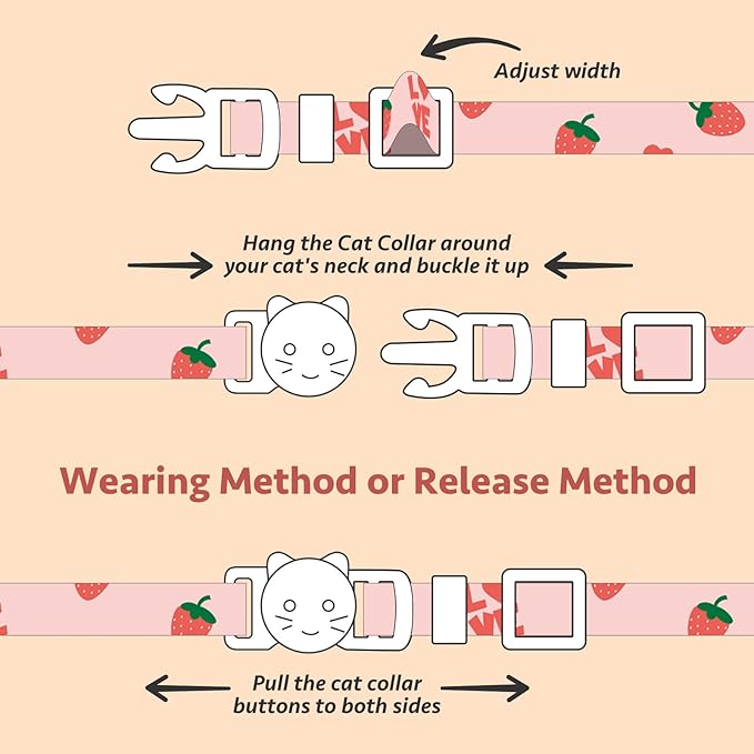 2 Pack Cotton Breakaway Cat Collar Pink Strawberries and White Heart Shaped - Image 7