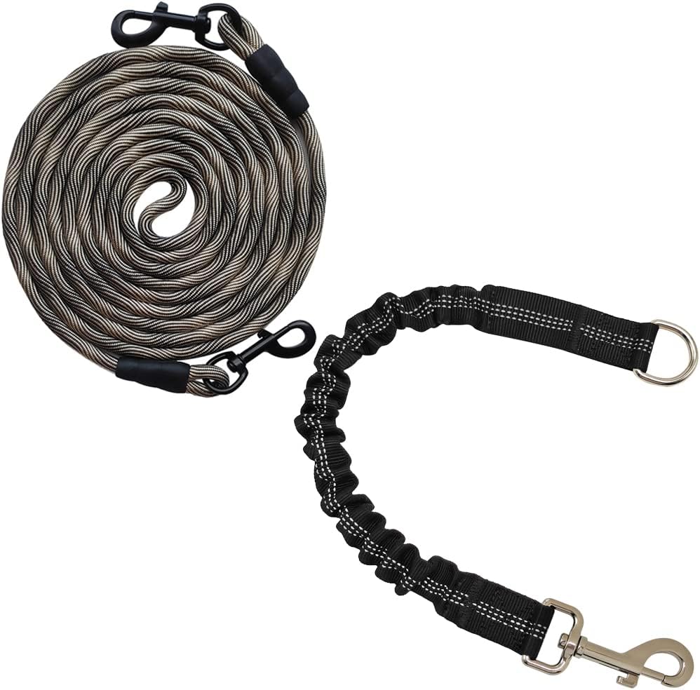 50FT Dog Tie-Out Rope + Bungee Dog Leash Extension (Black)