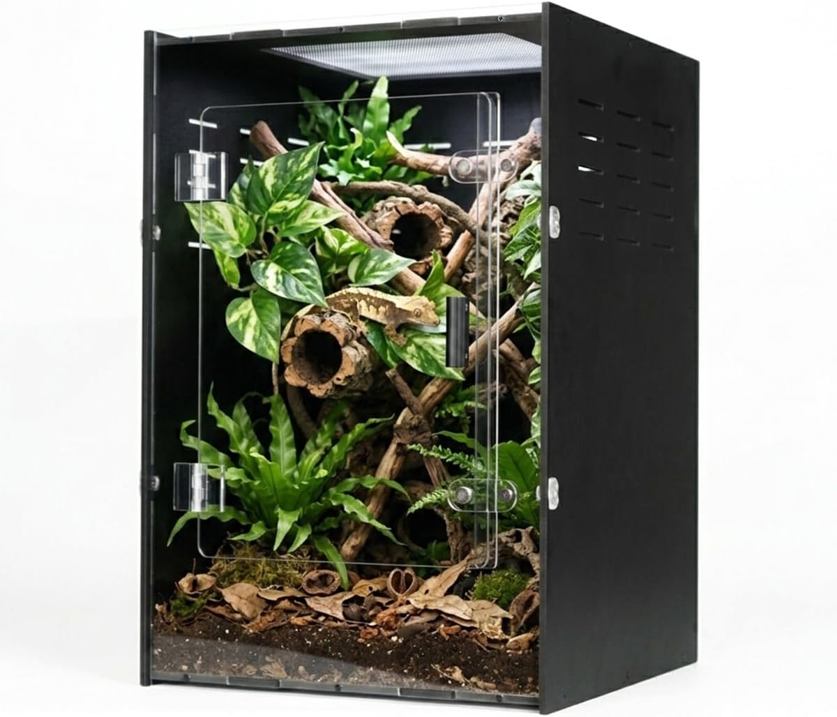 12x12x18 Black PVC Reptile Enclosure, Front Opening Tank with Screen Top