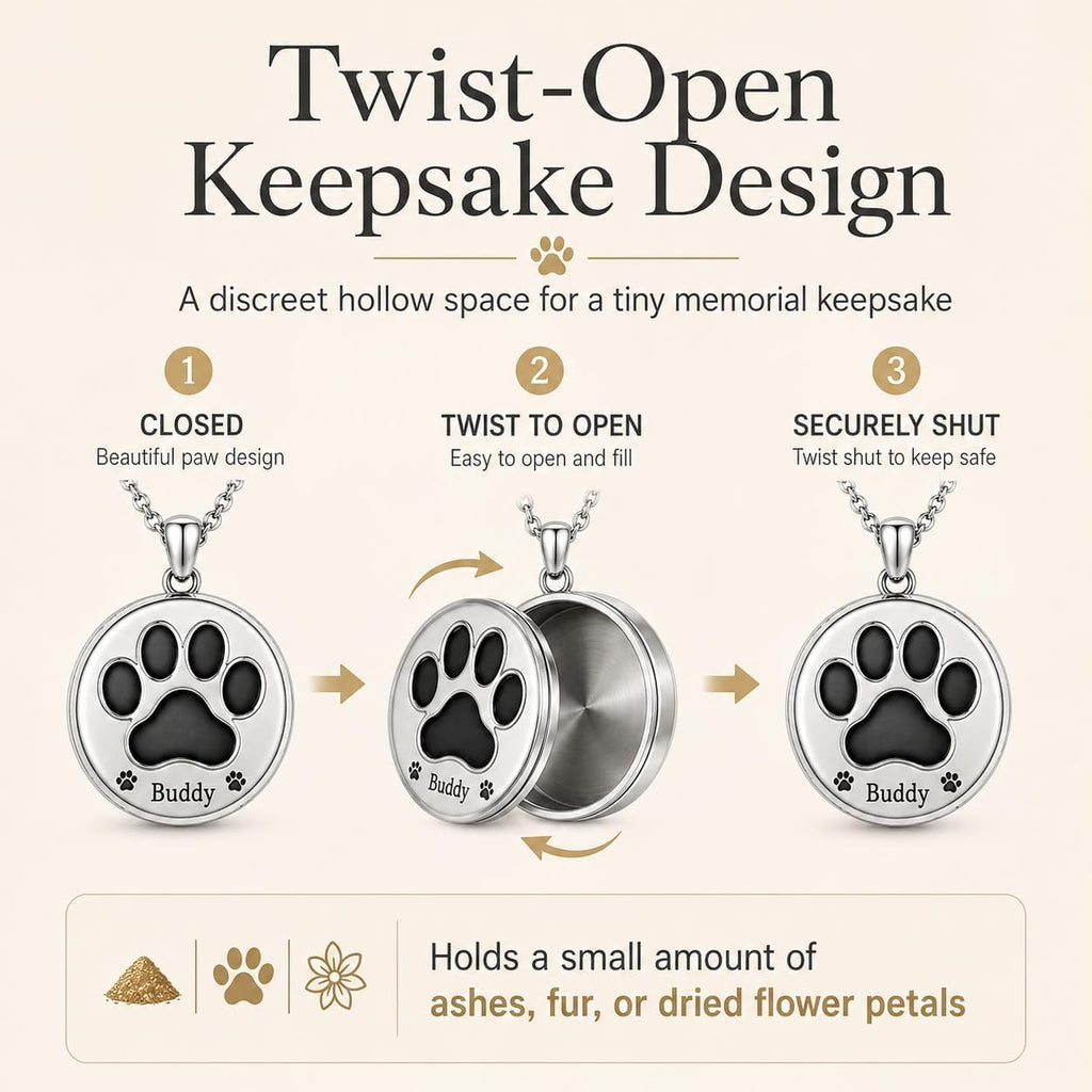 Buddy Pet Memorial Necklace for Ashes, Pre-Engraved Paw Print Cremation Urn Pendant for Dog, 316L Stainless Steel Twist-Open Keepsake, Sympathy Gift — Name Reads Buddy, Not Customizable