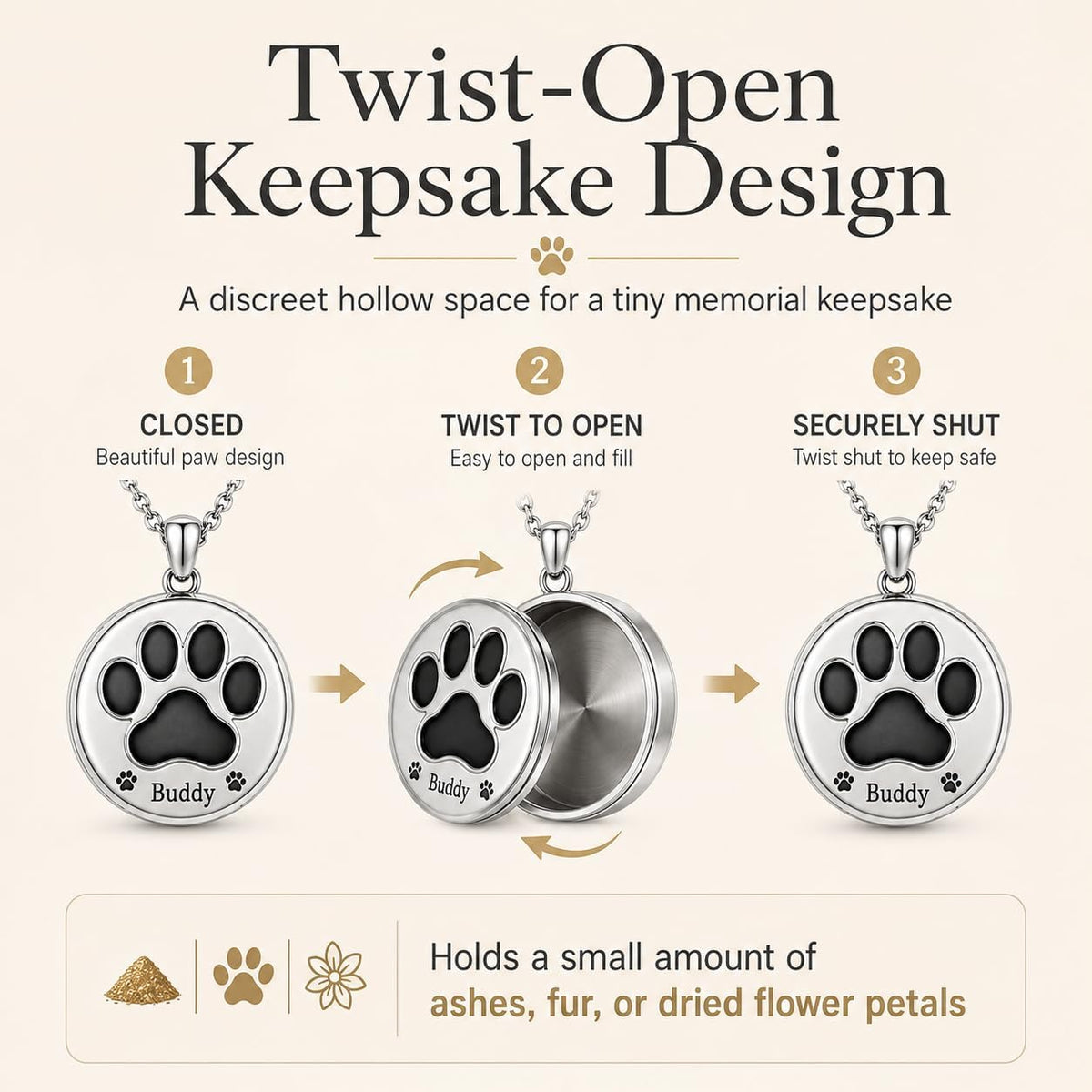 Buddy Pet Memorial Necklace for Ashes, Pre-Engraved Paw Print Cremation Urn Pendant for Dog, 316L Stainless Steel Twist-Open Keepsake, Sympathy Gift — Name Reads Buddy, Not Customizable