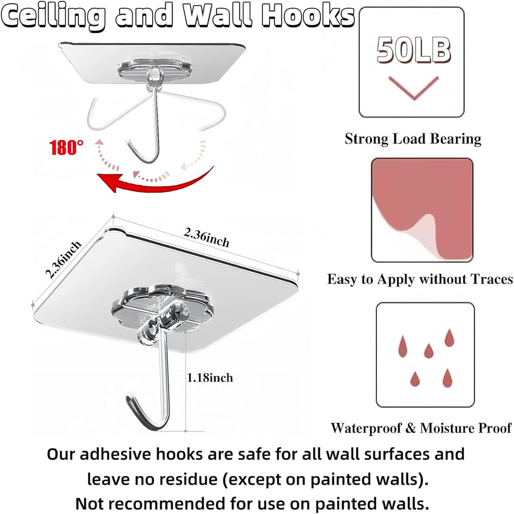 DDMY 100 Pack Heavy Duty Self Adhesive Hooks 50 lbs Transparent Reusable Sticky Wall Hooks for Hanging Waterproof Adhesive Hooks for Kitchen, Towel, Bathroom Shower, Office, and Outdoor No Damage