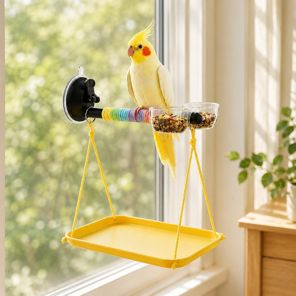 Portable Bird Stand with Poop Tray, Tabletop & Window Bird Perch for Travel and Car, Play Gym Training Toy for Small Medium Birds, Parakeets, Conures, Budgies, Easy to Clean