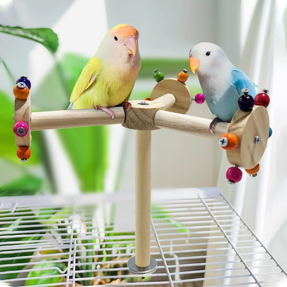 La La Pet Spinning Parrot Perch Stand Rotating Wood Windmill Hanging Perch Roller with Colorful Beads Funny Birdcage Toys for Conures Parrots Parakeets