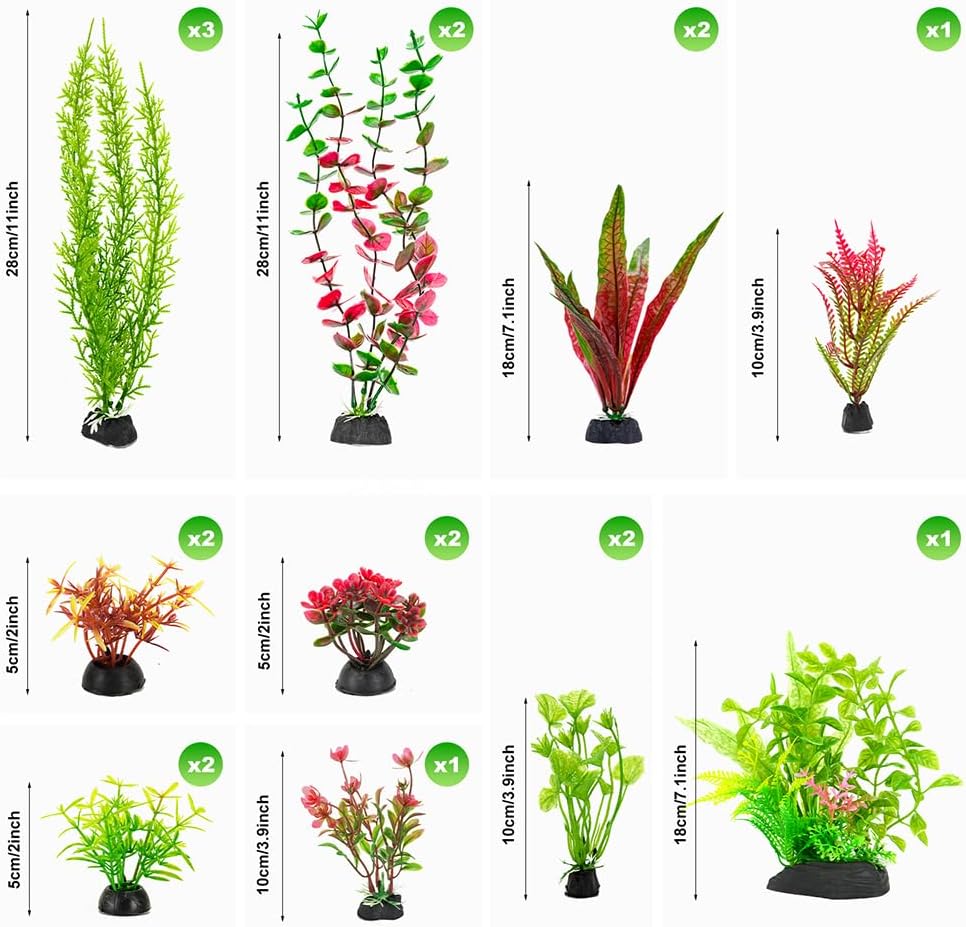 18Pcs Plastic Aquarium Plants, Weighted Base, Red Green Fish Tank Decor