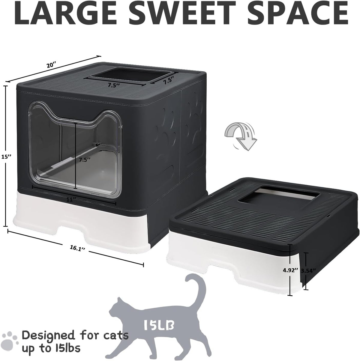 Foldable Cat Litter Box with Lid, Enclosed Potty, Large Top Entry Anti-Splashing Toilet, Easy to Clean Including Litter Scoop and 2-in-1 Cleaning Brush (Black)