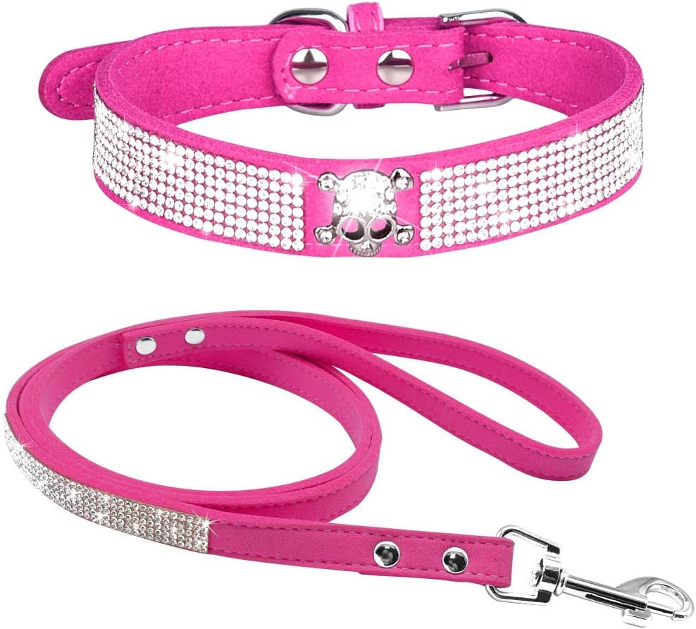 Cute Dazzling Sparkling Elegant Fancy Soft Suede Leather Bling Rhinestone Crystal Jeweled Pet Cat Dog Puppy Collar Dog Leash Combo Set (XXS(Neck 6-8"), Pink)