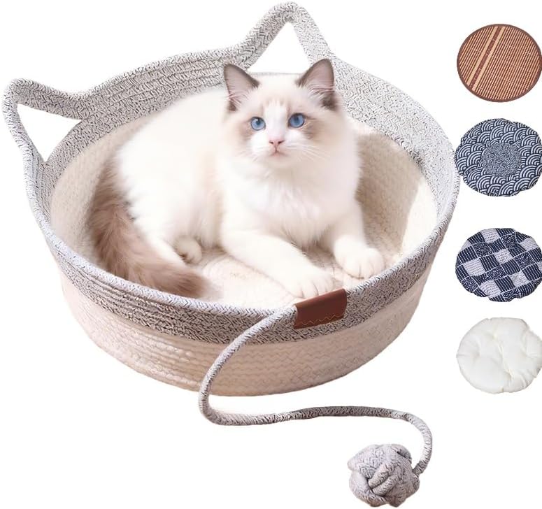Instinct Basket for Cats & Cotton pad Stimuli Cat Bed with Toy Tail Cats Ear Design Breathable All Season Universal Scratch-Resistant (Grey, M)