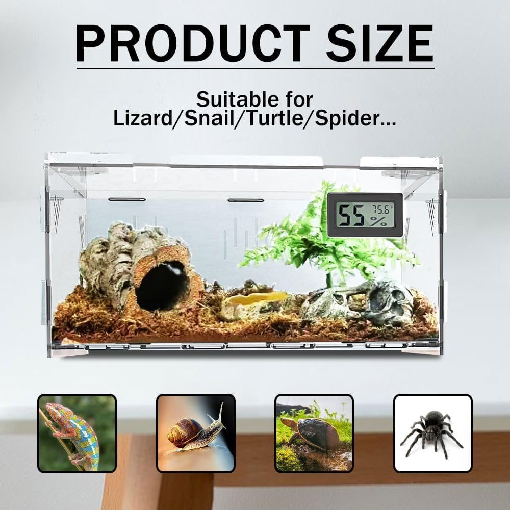 Acrylic Reptile Breeding Box Terrarium Cage Tank, 11.8"x7.9"x5.9", with Temperature Hygrometer, for Small Reptiles, Snakes, Insects, Home Office