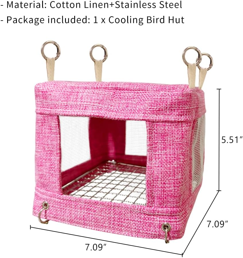 La La Pet Breathable Bird Hut for Summer Hanging Cage Nest with Stainless Steel Mesh Bottom Cooling Hammock Tent for Parrots Macaws Parakeets Cockatoos Lovebirds Pink
