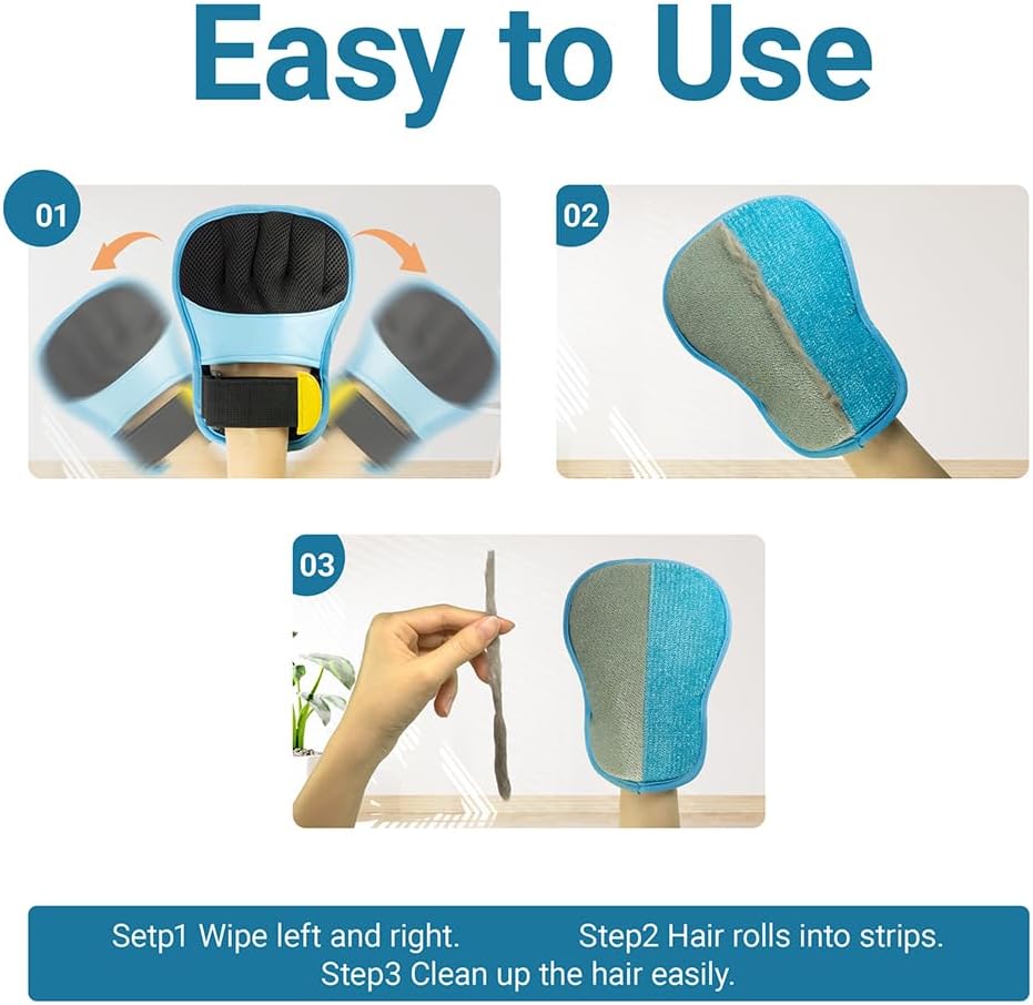 Pet Hair Removal Glove for Cats and Dogs, Blue, Gentle Grooming Mitt, Easy to Clean