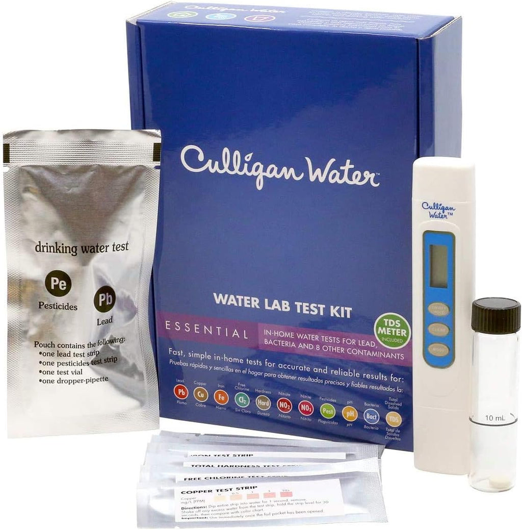 Culligan Essential Water Lab Test Kit – Comprehensive Home Water Testing for Lead, Bacteria, Nitrates, pH, Hardness, Chlorine, Copper, Iron & More – Includes TDS Meter – Ideal for Tap & Well Water